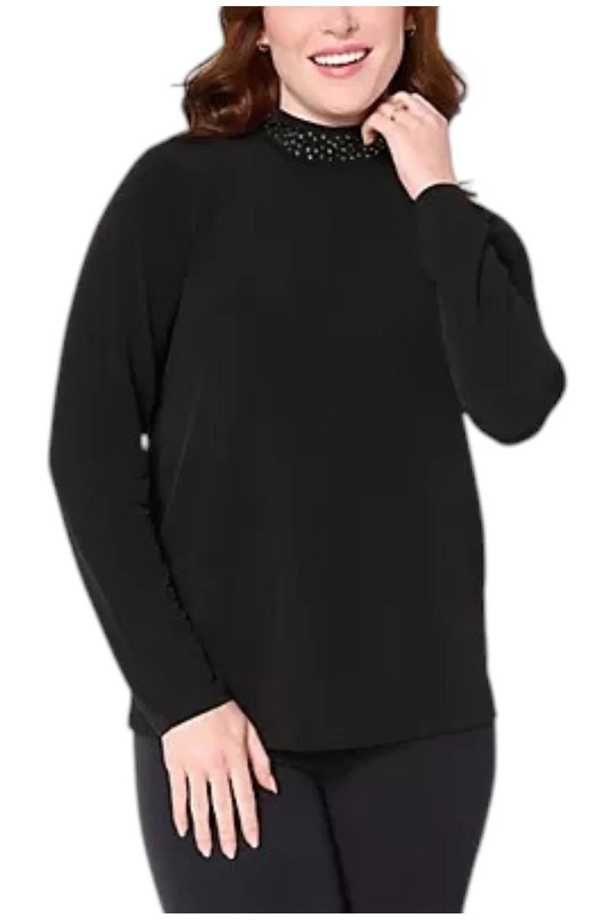 Susan Graver Women's Knit Embellished Mock-Neck Top Black - Regular